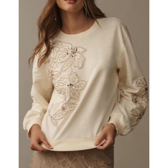 Anthropologie Tops - Anthropologie Floral Embroidery/Beaded Sweatshirt Womens S Beige Shimmer Holiday